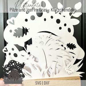 Arquivo plotter cogumelos de outono e ouriços na grama, decoração de bloco, arquivo de corte, SVG, DXF