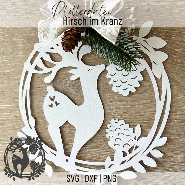 Plotter file deer in a wreath, Christmas, window decoration, cutting file for paper and foil, SVG, PNG, DXF