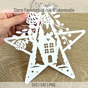 Plotterdatei Stern mit Wintermotiv, Fensterbild, SVG, PNG, DXF Weihnachten, Papierstern, Fensterdeko, Schneidedatei für Papier und Folie