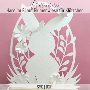 Hase im Ei auf Blumenwiese SVG, DXF, Plotterdatei Ostern, Hase, Klötzchendeko, Schneidedatei