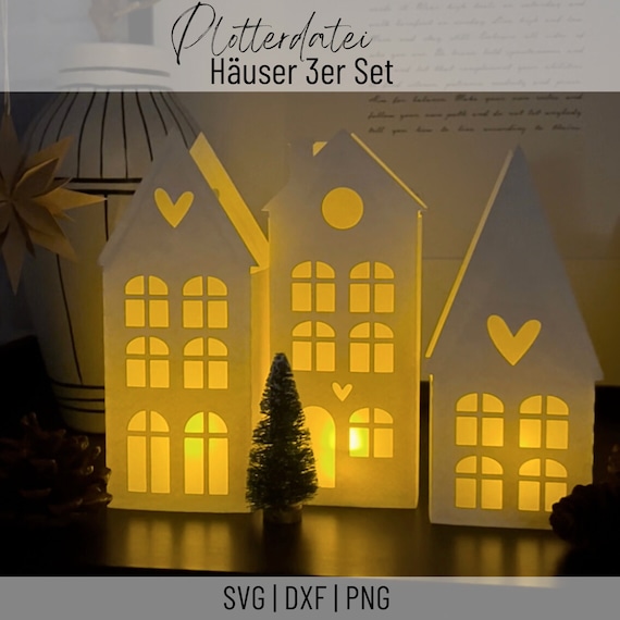Plotterdatei Häuser 3er Set für Led Teelichter, Weihnachten, SVG, PNG, DXF