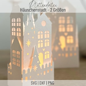 Plotterdatei Winterdorf Häuschenstadt für Led Teelichter, Weihnachten, Weihnachtsdorf, SVG, PNG, DXF