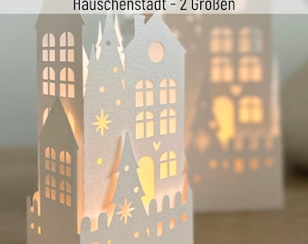 Arquivo de plotter de vila de inverno, cidade de chalés para luzes de chá de LED, Natal, vila de Natal, SVG, PNG, DXF