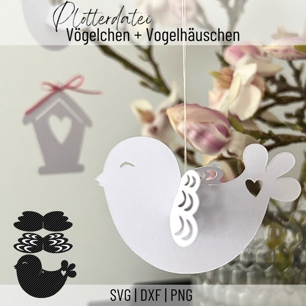 Plotterdatei SVG, PNG, DXF Vogel Anhänger und Vogelhäuschen, Frühling, Schneidedatei für Papier