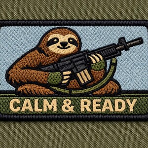 May include: Embroidered patch featuring a cartoon sloth holding a rifle. The sloth is brown with a light blue background. The text "CALM & READY" is embroidered in a green and tan color.