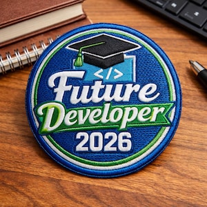 May include: A round, blue patch with the text "Future Developer 2026" in white and green. The patch features a graduation cap and coding symbols. The patch is on a wooden surface, with a notebook and keyboard in the background.
