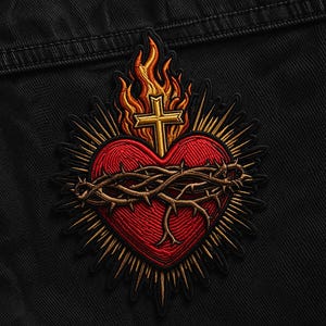 May include: Embroidered patch featuring a red heart encircled by a crown of thorns, with a gold cross and flames above. The heart is surrounded by gold rays, set against a black background.