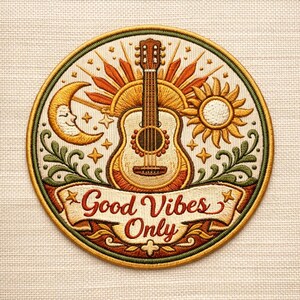 Custom Good Vibes Only Patch Embroidered Guitar Sun Moon Boho Music Badge Iron On Patch for Jacket Backpack Gift