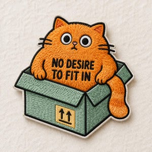 May include: Embroidered patch showing an orange cat in a green box. The cat has large eyes and the text "NO DESIRE TO FIT IN" is displayed in black. The box has an upward arrow symbol.