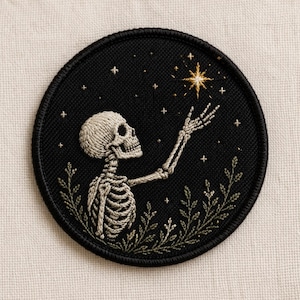 Custom embroidered skeleton star patch celestial gothic night sky design iron on jacket vest hat accessory aesthetic gift