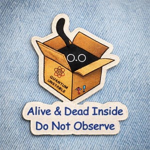May include: Embroidered patch set featuring a black cat in a cardboard box with the text "Quantum Unstable." Below, a second patch reads "Alive & Dead Inside Do Not Observe." The patches are on a light blue denim background.