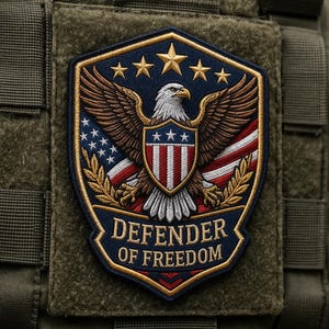 May include: Embroidered patch featuring a patriotic design with an eagle, stars, and stripes. The patch is in a shield shape with the words "DEFENDER OF FREEDOM" and is set against a green background.