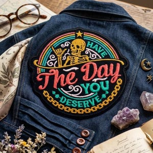 Custom embroidered skeleton quote patch funny gothic retro design motivational sarcasm phrase iron on badge for jacket backpack