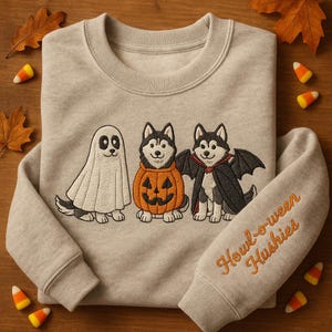 May include: A light gray sweatshirt featuring three embroidered Husky dogs in Halloween costumes: a ghost, a jack-o'-lantern, and a vampire. The sleeve has the text "Howl-o-ween Huskies" in orange.