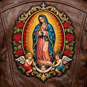 May include: Embroidered patch depicting the Virgin Mary with a halo, framed by red roses and cherubs. The patch has a gold border and is set against a brown leather jacket.