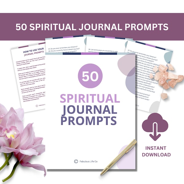 Spiritual Journal prompts, INSTANT DOWNLOAD, 50 guided writing prompts, plus free bonus EBOOK '10 Habits for a Spiritual Morning Routine'