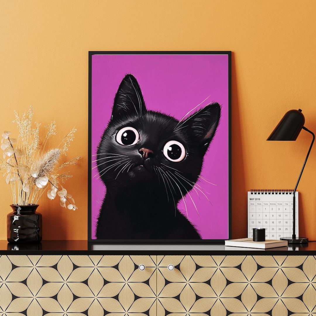 Black Cat Wall Art, Cute Cat Digital Print, Pink Aesthetic Poster ...
