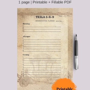 Könnte beinhalten: Ein druckbarer Manifestations-Planer mit Vintage-Ästhetik. Der Planer trägt den Titel "TESLA 3-6-9 MANIFESTATION PLANNER" und enthält Abschnitte für "Morgen", "Nachmittag" und "Abend".