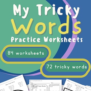 May include: A set of printable worksheets for teaching children to read tricky words. The worksheets feature colorful illustrations of a flower, a rainbow, and a bird. The text on the worksheets includes the words "Yellow Tricky Words", "Brown Tricky Words", and "Green Tricky Words". The worksheets also include the sentence "They jump only once."