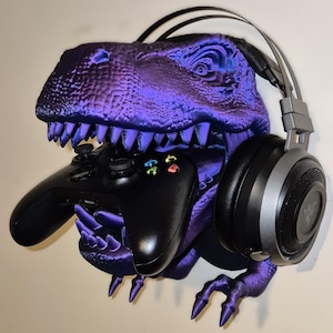 Dinosaur Gamer Wall Mount - Stylish Headphone & Controller Holder (T-Rex head with arms)