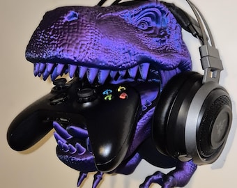 Dinosaur Gamer Wall Mount - Stylish Headphone & Controller Holder (T-Rex head with arms)