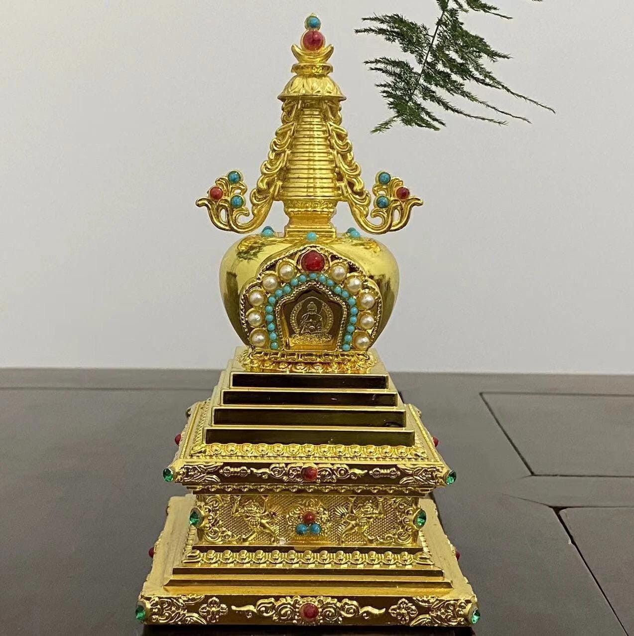6.69インチ チベット仏教寺院 チベットブロンズ 金箔仏 仏塔 パゴダ