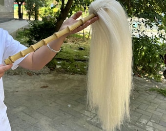 Natural white Horse Tail, Fly Whisk duster, Wood Handle Horsetail, Whisk Chowrie Taoism Ponytail Tai Chi whisk, Buddhist Taoist tool   G1095