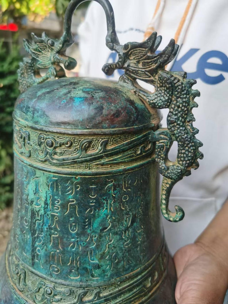 Dragón Inscription Huge Tibet Buddhism Temple Copper Dragon Antique Bell Zhong Chung ...