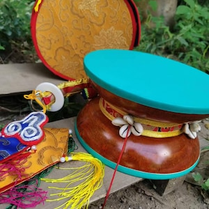 Tibetan vintage Wooden Drum Nepal Buddhism tambourine Sheepskin drum Tantra Buddhist utensils Musical Kapala Damaru Chod Ritual Ceremony k17