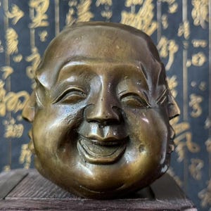 Copper Four Faces Buddha Head Sculpture Vintage Copper Happy  Laugh Maitreya Buddha Head Statue Copper Four Pleasure Anger Sorrow Joy Wealth