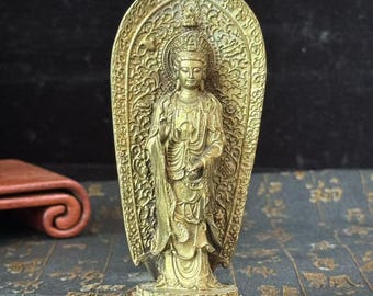 ヴィンテージ真鍮銅製ベンチ観音菩薩像（アヴァローキテーシュヴァラ