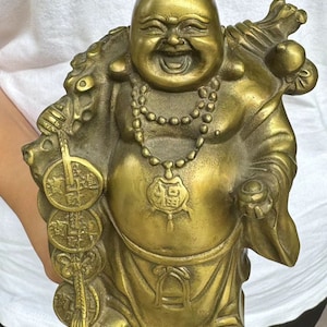 Feng Shui Copper Happy Laugh Maitreya Buddha Wealth Statue, Brass Laughing Smiling Buddha Statue Budai Figure Buddhism Happiness Wealth Zen