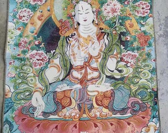 35&quot; Tibetan Thangka, Quan Yin Statue Wall Decor Hand Painted Kuan Yin Goddess of Mercy and Compassion Tangka cloth Wall hanging picture k081
