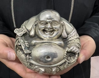 白銅製 幸せに笑う弥勒仏 富の像 丸型 笑う 微笑む仏像 仏教 幸福 富の