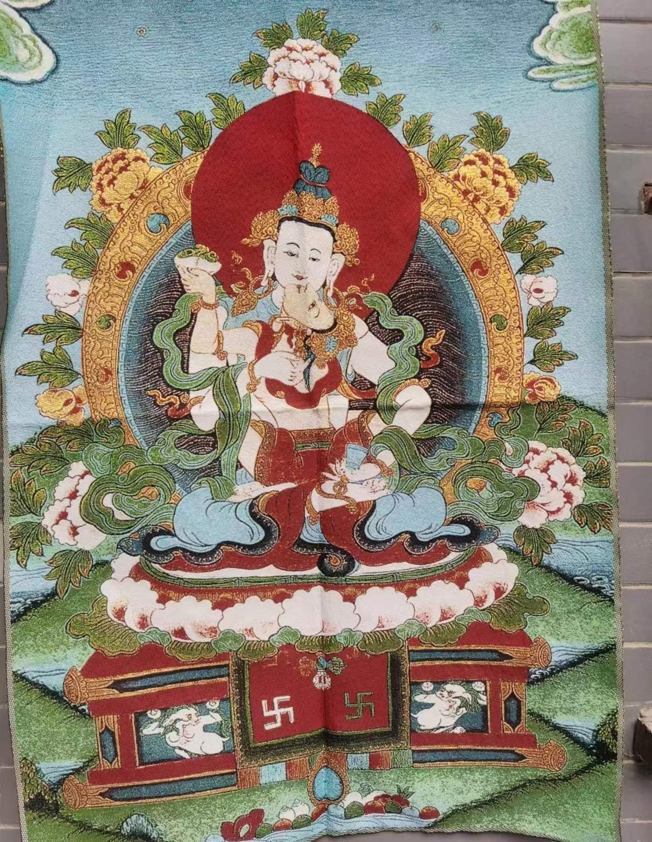 絶妙なチベット仏教布シルクタンカ絵画、タンカ手描きネパール仏曼荼羅