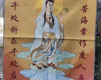 Tibetan guanyin Thangka, Quan Yin Statue Wall Decor Hand Painted Kuan Yin Goddess of Mercy and Compassion Tangka cloth Wall hanging pictures