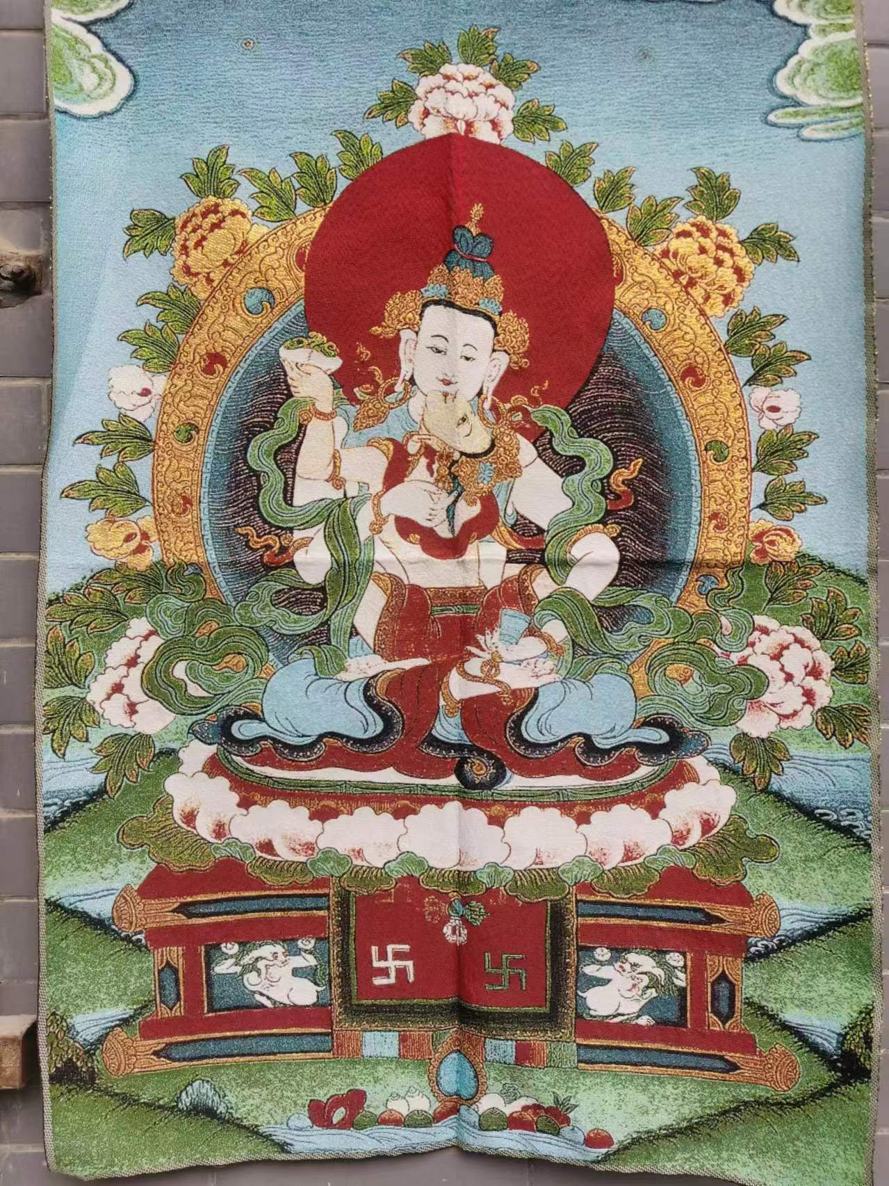 絶妙なチベット仏教布シルクタンカ絵画、タンカ手描きネパール仏曼荼羅