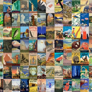 Retro Travel Poster Wall Collage Kit, Vintage Poster Photo Collage Kit, Retro Tourism Printable Wall Art Set, Indie Room Decor | 84 Piece
