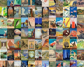 Retro Travel Poster Collage Kit, Vintage Tourism Art (Digital Download)