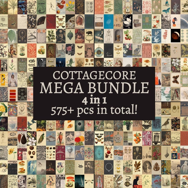 MEGA BUNDLE 4in1 Cottagecore Vintage Collage Sets, 575+ Pcs Old & Retro Ephemera Fotos, Botanisches Fairycore Foto Collage Kit für Wohnheim Zimmer