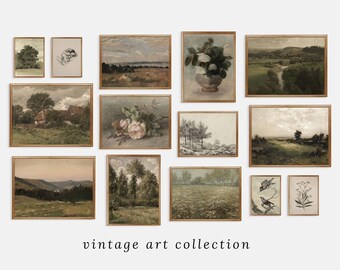 Vintage French Country Gallery Wall Set, Botanical Painting Prints, Landscape Farmhouse Antique Posters, Printable Oil Paint Rustic Decor