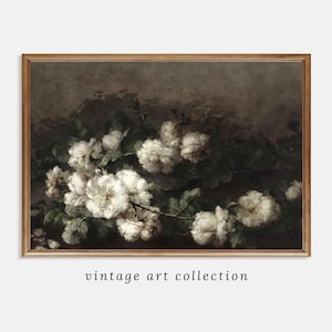 Vintage Still Life Antique Flowers Art Print, Vintage Botanical Rustic Wall Decor, Moody White Roses Printable Oil Painting