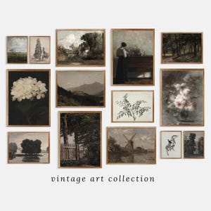 Vintage Art Prints Gallery Wall Set of 14, Muted Green Oil Painting, Printable Landscape French Country Decor, Antique Botanical Prints