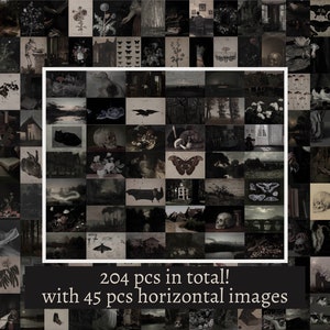 204 Teile Dark Moody Gothic Wand Collage Set | Dark Academia Vintage Collagen Set | Dunkelheit-Grunge-Raum-Dekor mit 45 Stück horizontalen Fotos
