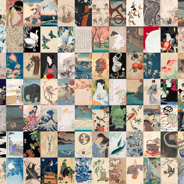 Vintage Japanese Wall Collage Bundle, Aesthetic Old Japan Art Posters, Ukiyo-e Style Printable Digital Collage, Asian Wall Art Print | 84PCS