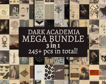 Pode incluir: Uma colagem de imagens vintage com uma estética dark academia. As imagens incluem crânios, borboletas, ilustrações botânicas, chaves antigas e outros elementos vintage. O texto "DARK ACADEMIA MEGA BUNDLE 3 in 1 245+ pcs in total!" é exibido no centro da colagem.