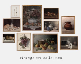Vintage Kitchen Wall Set of 10, French Country Printable Gallery Wall Posters, Rustic Farmhouse Art Decor Prints with Oil Painting Fruits