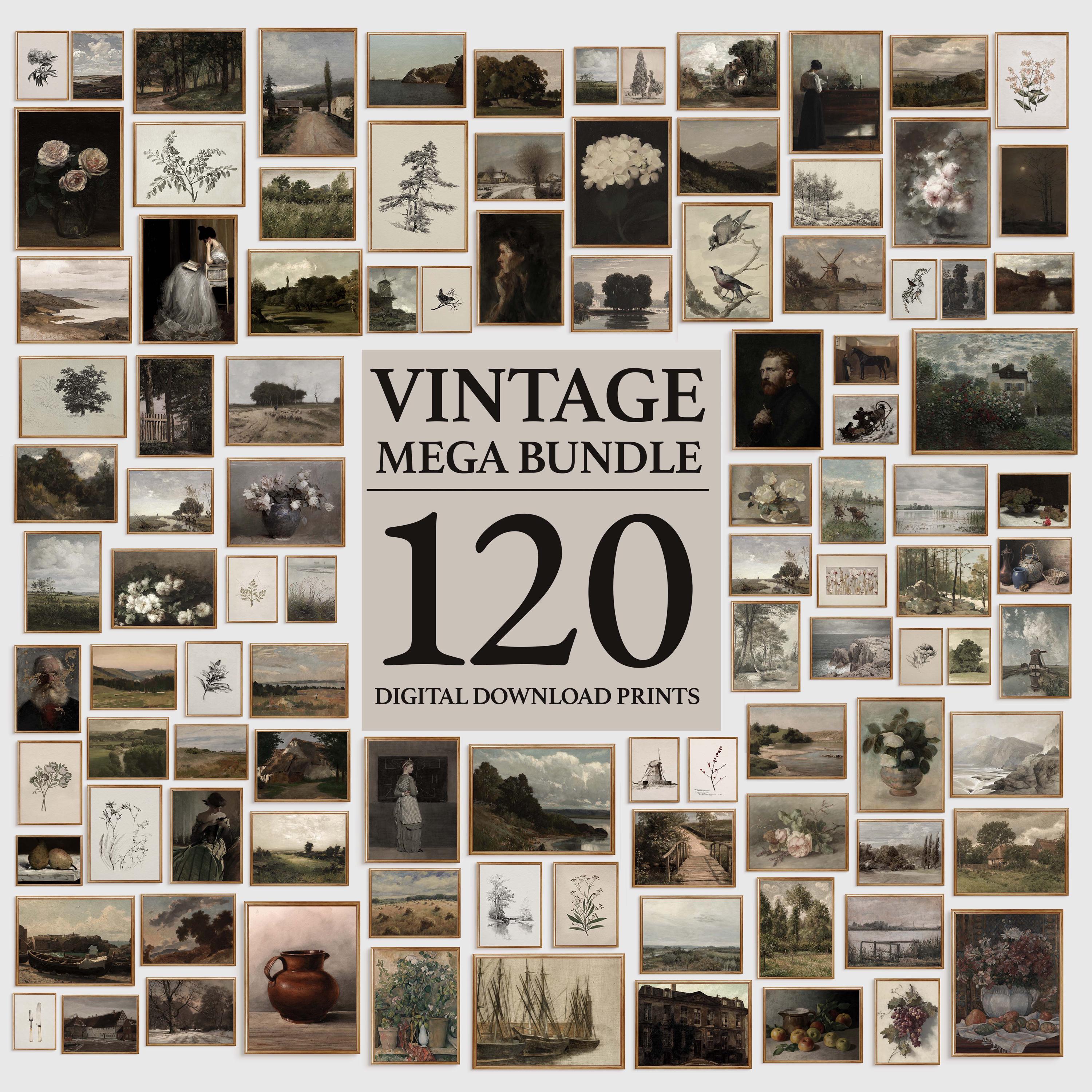 Vintage Prints Mega Bundle Gallery Wall Set, 120 Pcs Vintage Art Posters, Antique Oil Paintings, Botanical Sketch and French Country Prints