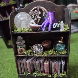 Puede incluir: Una estantería en miniatura de madera de tres niveles de color marrón oscuro decorada con musgo verde. El estante superior sostiene una esfera transparente, un adorno de hada plateado, una mano morada, una criatura negra con ojos blancos y una vela. El estante central presenta una botella pequeña con la etiqueta elixir, un cristal transparente, una nuez oscura y un orbe de vidrio con piedras azules. El estante inferior contiene una fila de libros en miniatura.