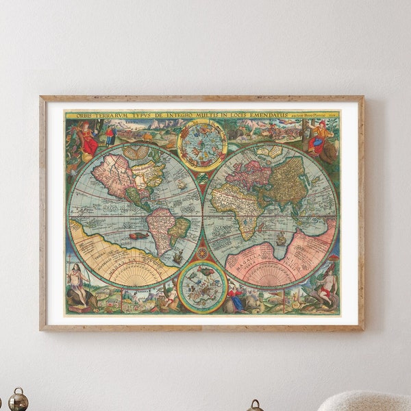 Mappe Monde Poster old map vintage wall decoration Double Hemisphere
